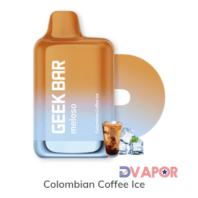 Geek Bar Meloso 9000K Puff disposable vape with Colombian coffee ice flavor, showing the vape device with branding and flavor label.
