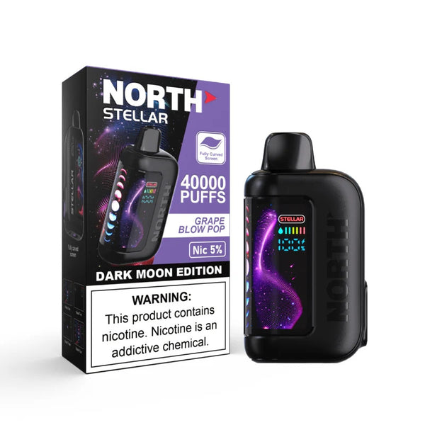 NORTH Stellar 40K disposable vape in Grape Blow Pop flavor, featuring a colorful grape-themed design and sleek portable shape.