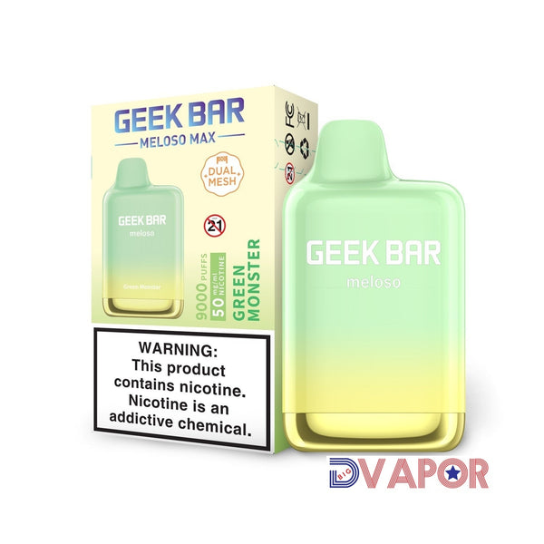 GreenGeek Bar Meloso 9000K Puff disposable vape device with sleek green design and compact shape.