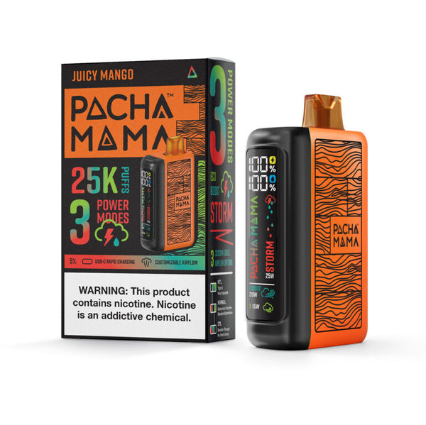 Juicy mango flavor Pacha Mama 25K disposable vape device with sleek design and vibrant mango illustration.