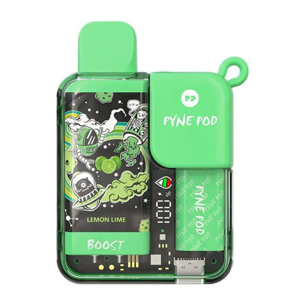 PYNE Pod Boost 8,500K disposable vape in Lemon Lime flavor, with colorful packaging and sleek design.