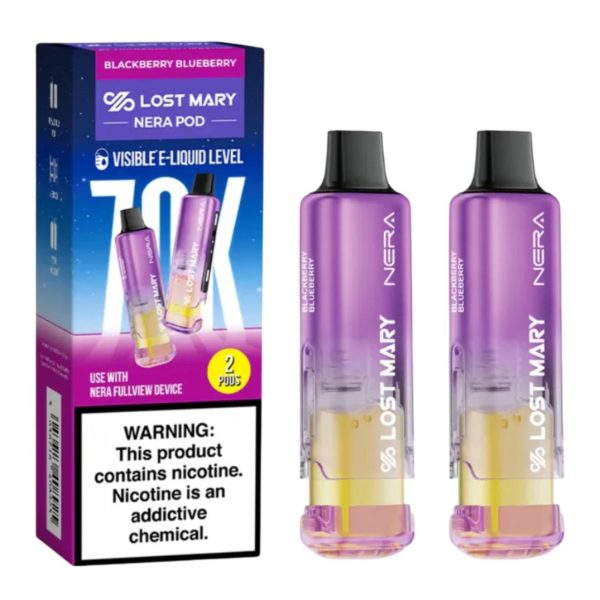 Blackberry Blueberry Lost Mary NERA 70K Disposable Pods 2-Pack next to its packaging.