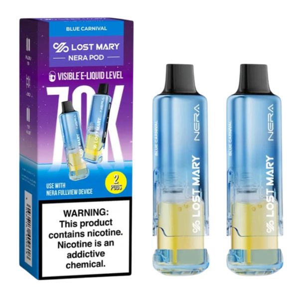Blue Carnival Lost Mary NERA 70K Disposable Pods 2-Pack next to its packaging.