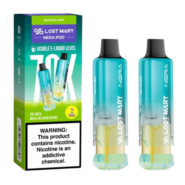 Winter Mint Lost Mary NERA 70K Disposable Pods 2-Pack next to its packaging.