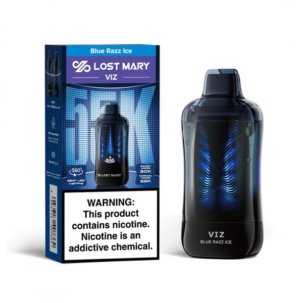 Lost Mary VIZ 55K Blue Razz Ice disposable vape and packaging box