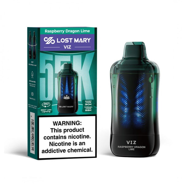 Lost Mary VIZ 55K Raspberry Dragon Lime disposable vape and packaging box
