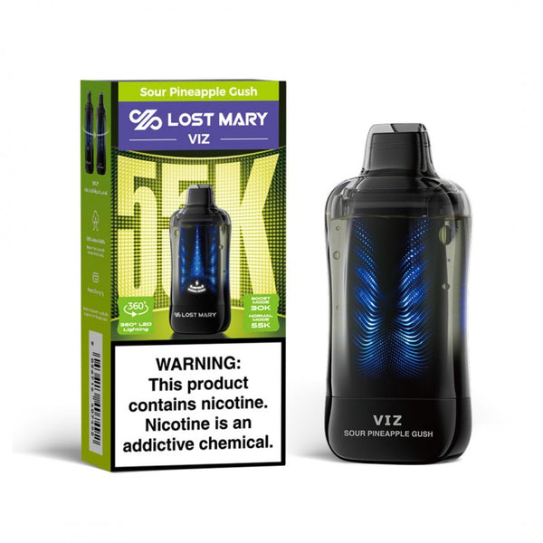 Lost Mary VIZ 55K Sour Pineapple Gush disposable vape and packaging box
