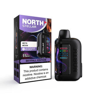NORTH Stellar 40K disposable vape device with sleek design, featuring a META_MOON graphic on a black background.