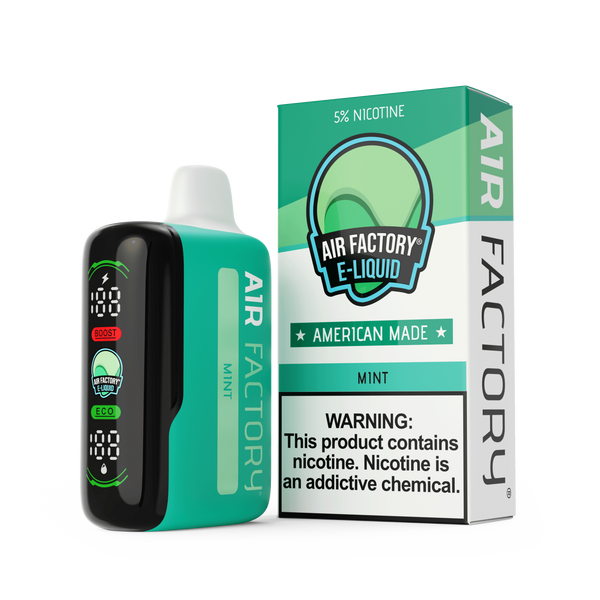 Air Factory 20K Puff Disposable vape in mint flavor, showing a sleek device with mint-colored design and branding.