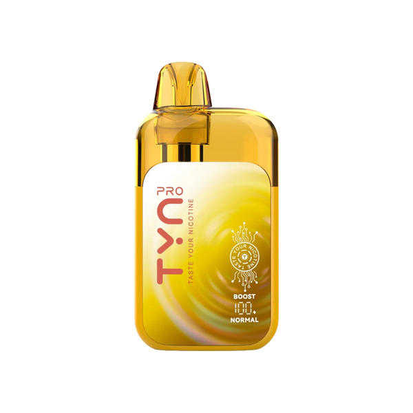 TYN Pro 50K disposable vape in Mexico Mango flavor, showing the sleek device with mango-themed design and branding.
