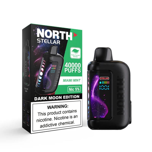 NORTH Stellar 40K disposable vape in Miami Mint flavor, showing the sleek device with mint-themed design and branding.