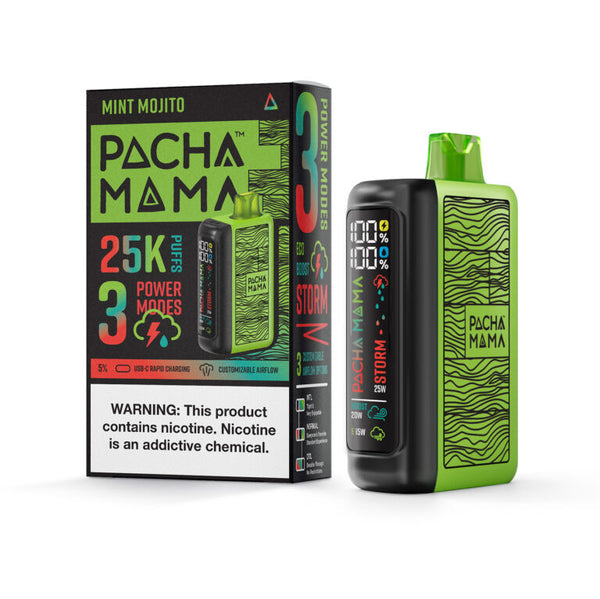 Pacha Mama Mint Mojito 25K disposable vape with sleek design and mint mojito flavor in a compact vape device
