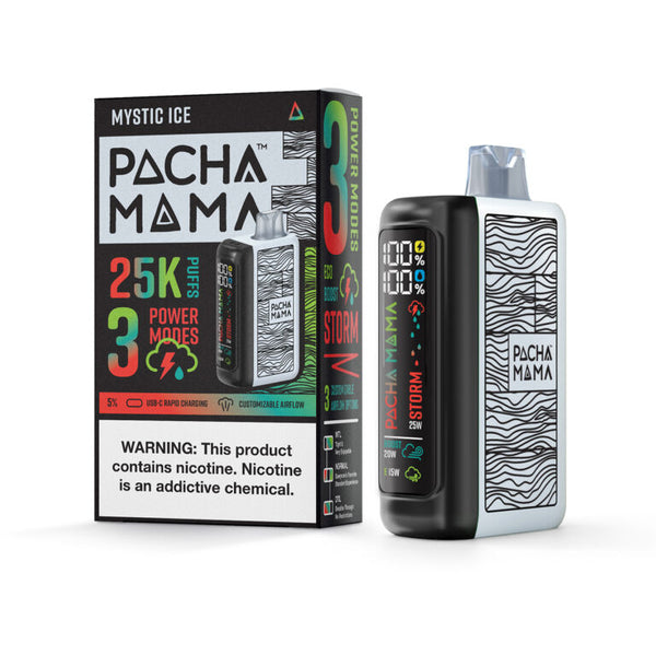 Pacha Mama MysticIce 25K disposable vape with sleek design and flavor indicator, ideal for on-the-go nicotine vaping.
