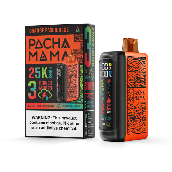 Pacha Mama Orange Passion Ice disposable vape with bright orange and white design, showcasing the vape device on a white background.