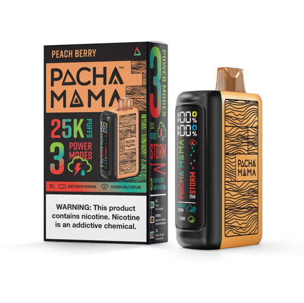 Pacha Mama PeachBerry disposable vape showing a sleek device with peach and berry flavor branding.