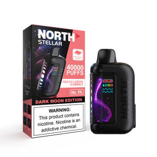 NORTH Stellar 40K disposable vape in Peach Lemon Gummies flavor, showing the sleek device and colorful flavor packaging.