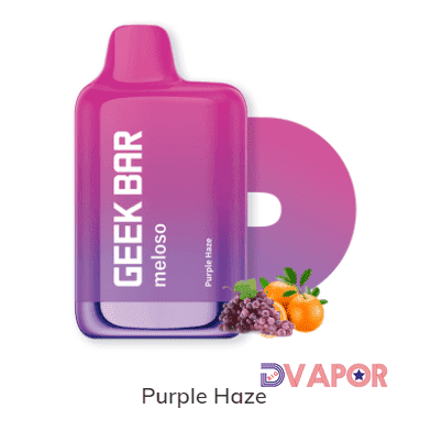 Geek Bar Meloso 9000K Puff disposable vape in purple haze flavor, showcasing the sleek purple design and vaping device.