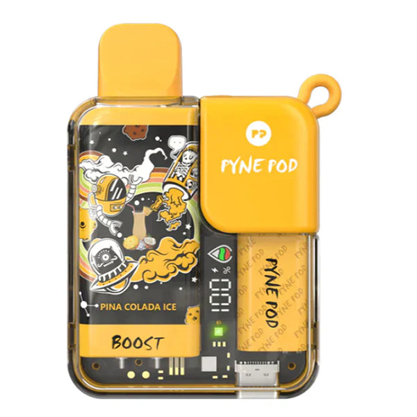 PYNE Pod Boost 8,500K disposable vape with Pina Colada Ice flavor, featuring fruity and icy vapor in a sleek device.