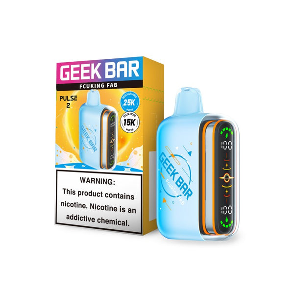 Geek Bar Pulse 2 Disposable Vape in Fcking Fab flavor with sleek design and bold packaging on a white background.