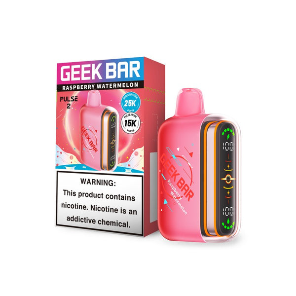 Geek Bar Pulse 2 Disposable Vape in Raspberry Watermelon flavor with sleek design and bold packaging on a white background.