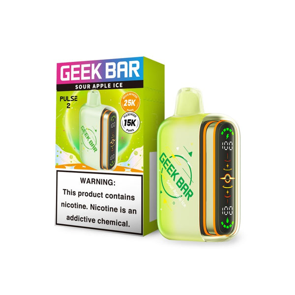 Geek Bar Pulse 2 Disposable Vape in Sour Apple Ice flavor with sleek design and bold packaging on a white background.