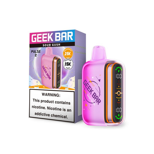 Geek Bar Pulse 2 Disposable Vape in Sour Gush flavor with sleek design and bold packaging on a white background.