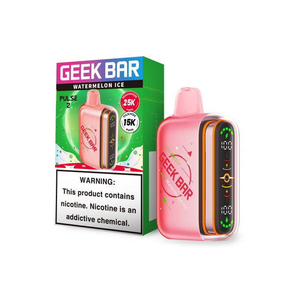 Geek Bar Pulse 2 Disposable Vape in Watermelon Ice flavor with sleek design and bold packaging on a white background.