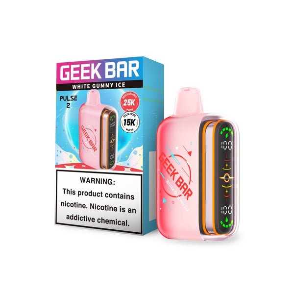 Geek Bar Pulse 2 Disposable Vape in White Gummy Ice flavor with sleek design and bold packaging on a white background.