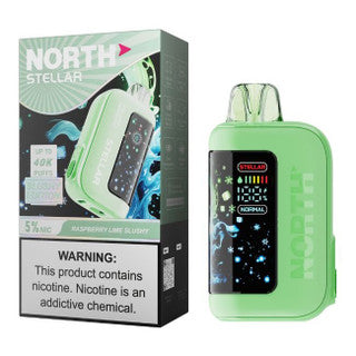 NORTH Stellar 40K disposable vape with raspberry lime slushy flavor in a sleek device, showing vibrant raspberry and lime images.