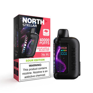 NORTH Stellar 40K disposable vape with sour apple flavor, featuring a colorful blow pop design on the device.