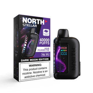 NORTH Stellar 40K disposable vape device with SOUR FCUKING FAB flavor, compact design, and brand logo visible on the product.