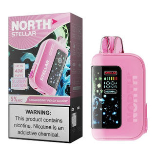NORTH Stellar 40K disposable vape with strawberry peach slushy flavor, featuring a sleek design and colorful flavor imagery.