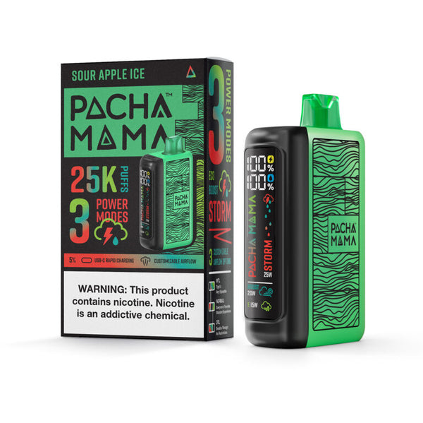 Pacha Mama Sour Apple Ice 25K disposable vape showing sleek design with colorful branding and mouthpiece on a white background.