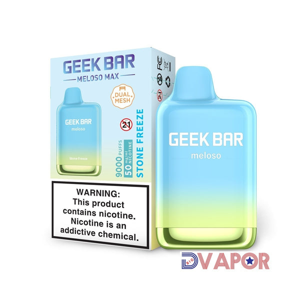 Geek Bar Meloso 9000K Puff disposable vape device with stone freeze flavor, compact design, and sleek appearance.