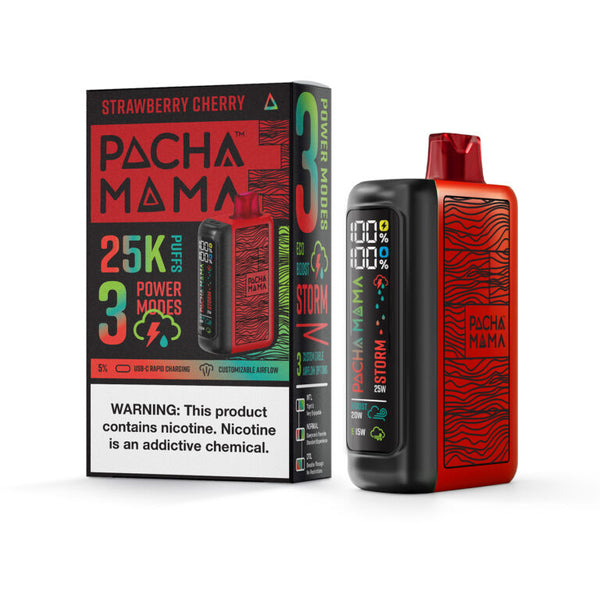 Pacha Mama Strawberry Cherry disposable vape device with colorful branding and flavor label on the packaging.