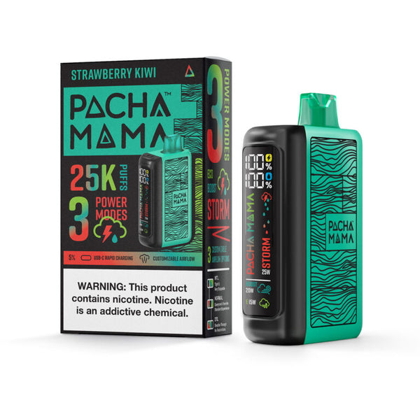 Pacha Mama Strawberry Kiwi disposable vape showing the sleek device with strawberry and kiwi flavor design.