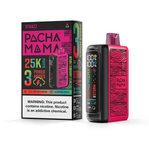 Pacha Mama 25K disposable vape with Strazz flavor, showing the sleek vape device with colorful branding and flavor label.