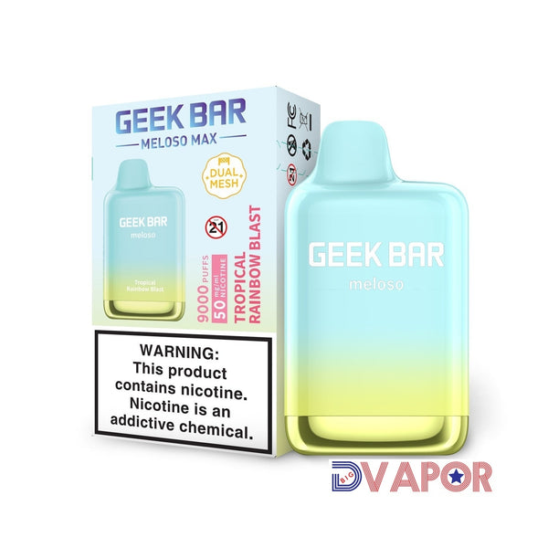 Geek Bar Meloso 9000K Puff disposable vape with Tropical Rainbow Blast flavor, featuring vibrant tropical fruit and rainbow-colored design.