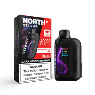NORTH Stellar 40K disposable vape with watermelon ice flavor, featuring a sleek design and vibrant watermelon imagery.