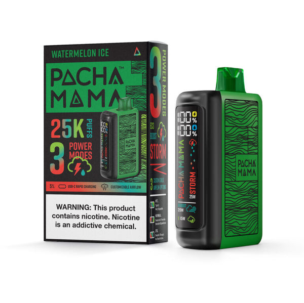 Pacha Mama Watermelon Ice disposable vape with sleek design, featuring a vibrant watermelon and ice flavor for vaping.