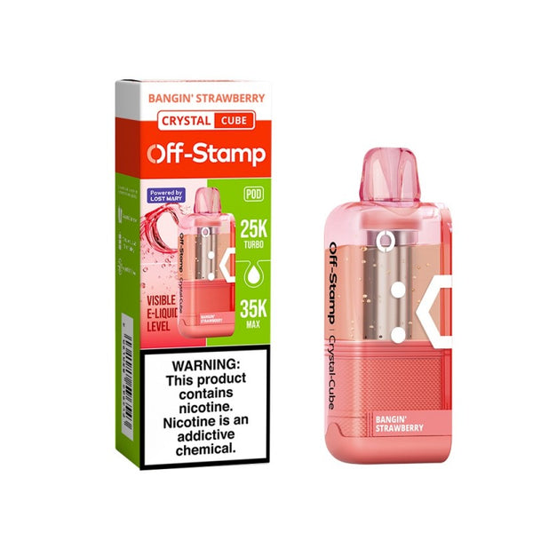 Bangin' Strawberry Off-Stamp X-Cube Crystal 35K Disposable Pod next to its packaging.