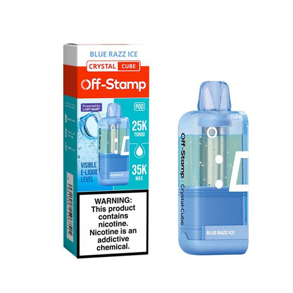 Blue Razz Ice Off-Stamp X-Cube Crystal 35K Disposable Pod next to its packaging.