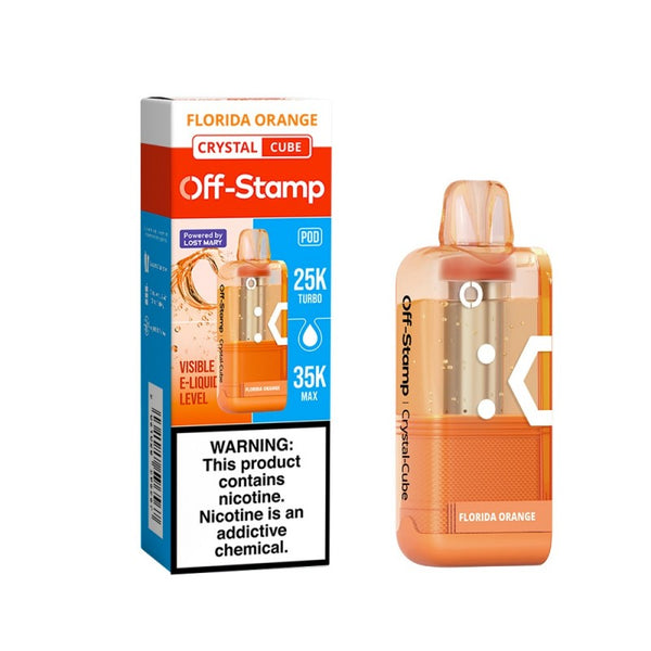 Florida Orange Off-Stamp X-Cube Crystal 35K Disposable Pod next to its packaging.
