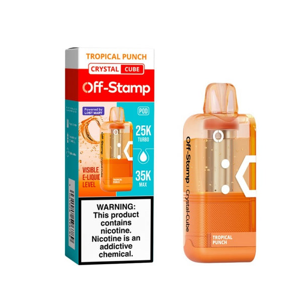 Tropical Punch Off-Stamp X-Cube Crystal 35K Disposable Pod next to its packaging.