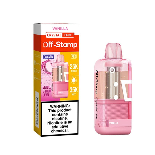 Vanilla Off-Stamp X-Cube Crystal 35K Disposable Pod next to its packaging.