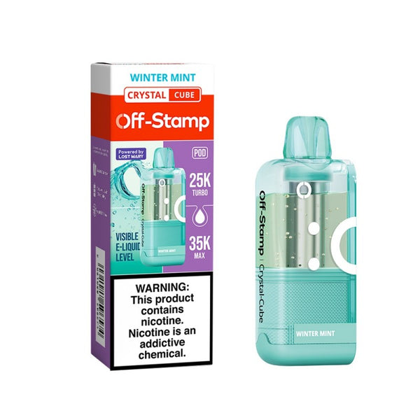 Winter Mint Off-Stamp X-Cube Crystal 35K Disposable Pod next to its packaging.