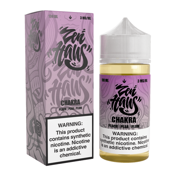 Zen Haus Chakra vape juice 100mL bottle with 3mg nicotine, featuring vibrant chakra-inspired branding and colorful label design.