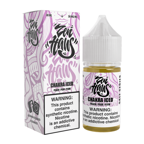 Zen Haus Chakra ICED SALT nicotine salt e-liquid bottle, 30mL with 30mg nicotine, featuring a vibrant label design.