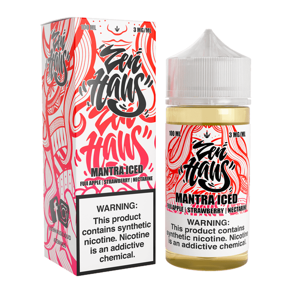 Vape juice bottle labeled Zen Haus Mantra ICED 100mL with 3mg nicotine, featuring a sleek design and cool blue accents.