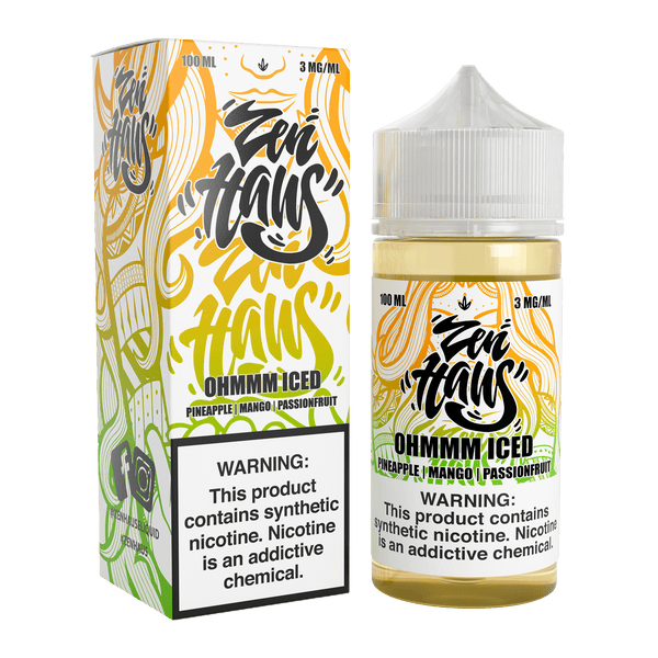 Zen Haus Ohmmm ICED vape juice 100mL bottle with menthol flavor and 3mg nicotine, showcasing the product's label and packaging.